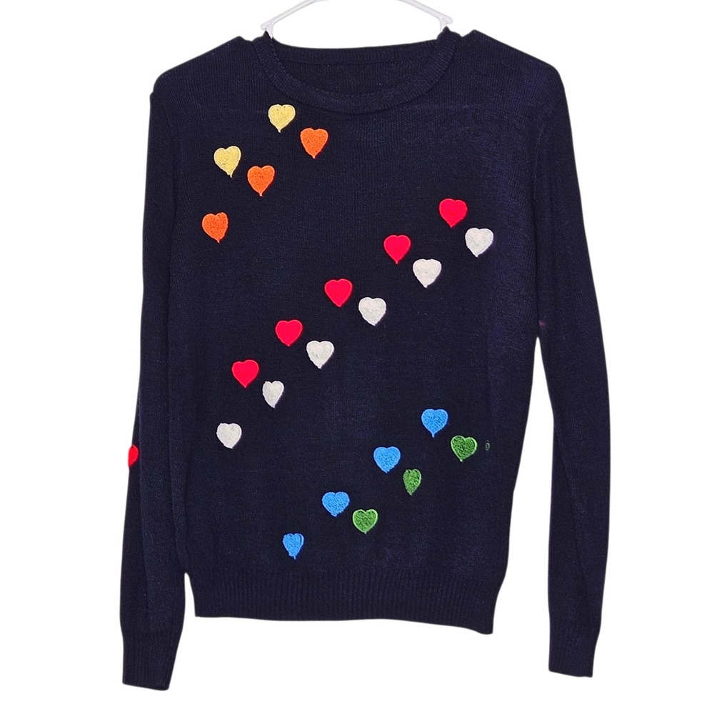 Navy Blue Sweater Embroidered Hearts Colorful Hearts Knit Pullover Wool M Whimsy